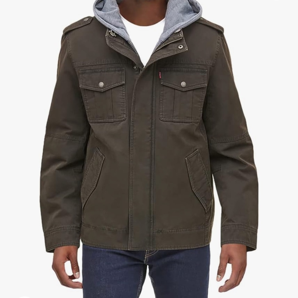 Levi's Men's Washed Cotton Hooded Military Jacket Sherpa lined dark brown